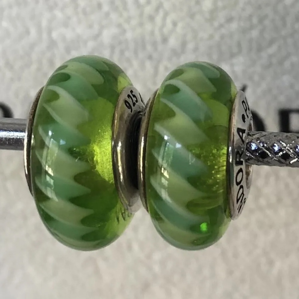 Pandora 925 Sterling Silver Green Murano Glass Charm (PAIR)